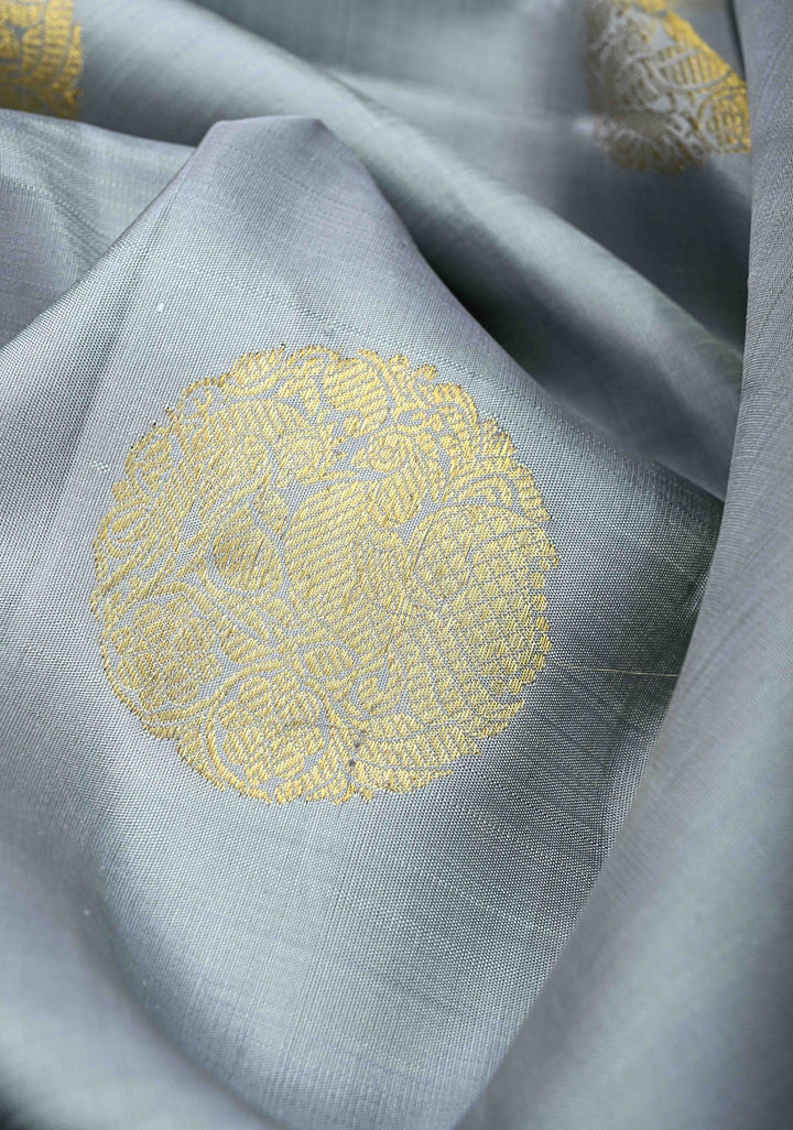 Gray Kanjivaram Silk Saree with Twin Peacock Buttas and Zari Border | SILK MARK CERTIFIED