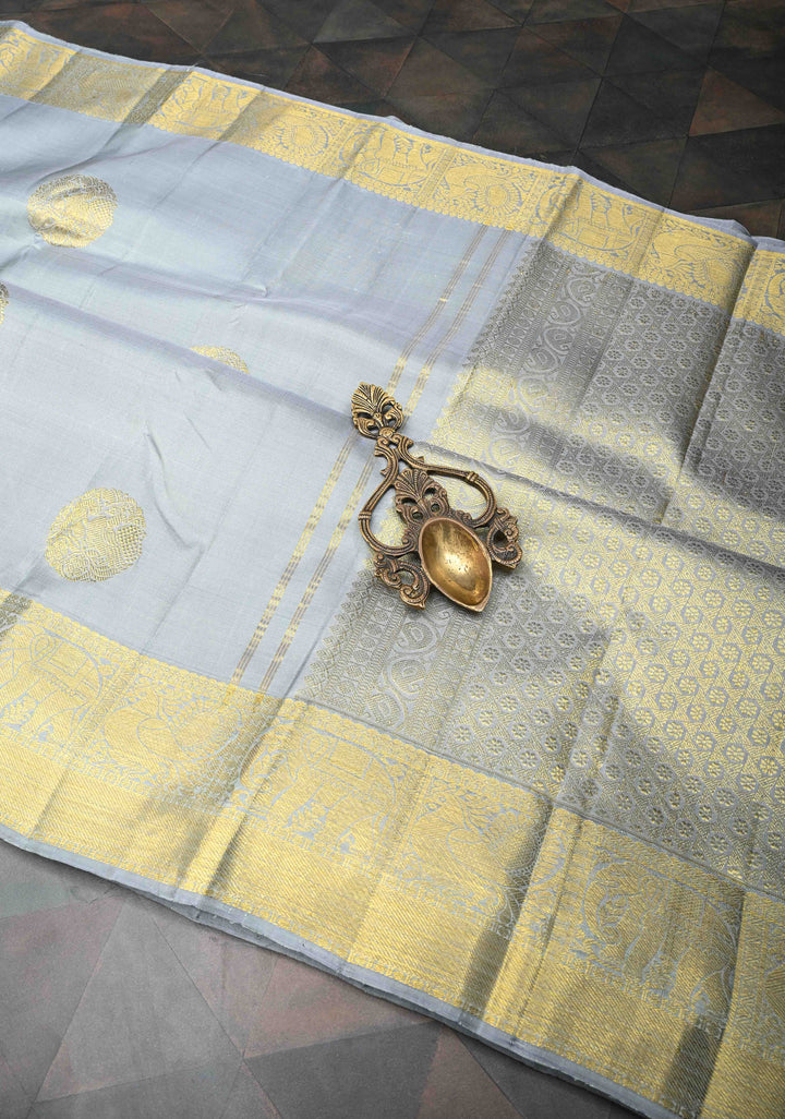 Gray Kanjivaram Silk Saree with Twin Peacock Buttas and Zari Border | SILK MARK CERTIFIED