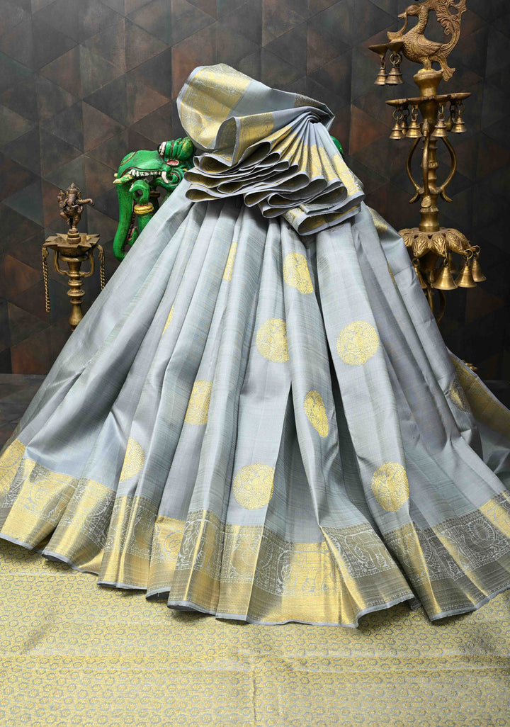 Gray Kanjivaram Silk Saree with Twin Peacock Buttas and Zari Border | SILK MARK CERTIFIED