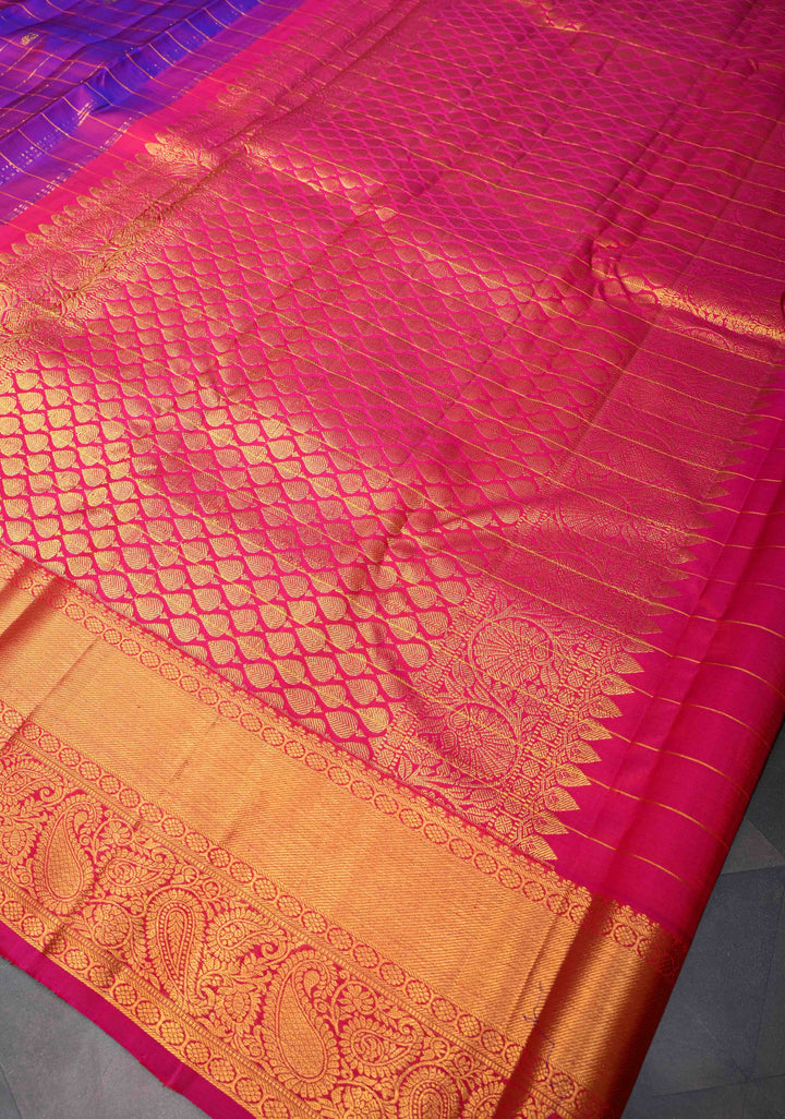 Purple Dual tone Zari Checks Kanjivaram Silk Saree with Zari Buttis and Contrast Zari Border | SILK MARK CERTIFIED