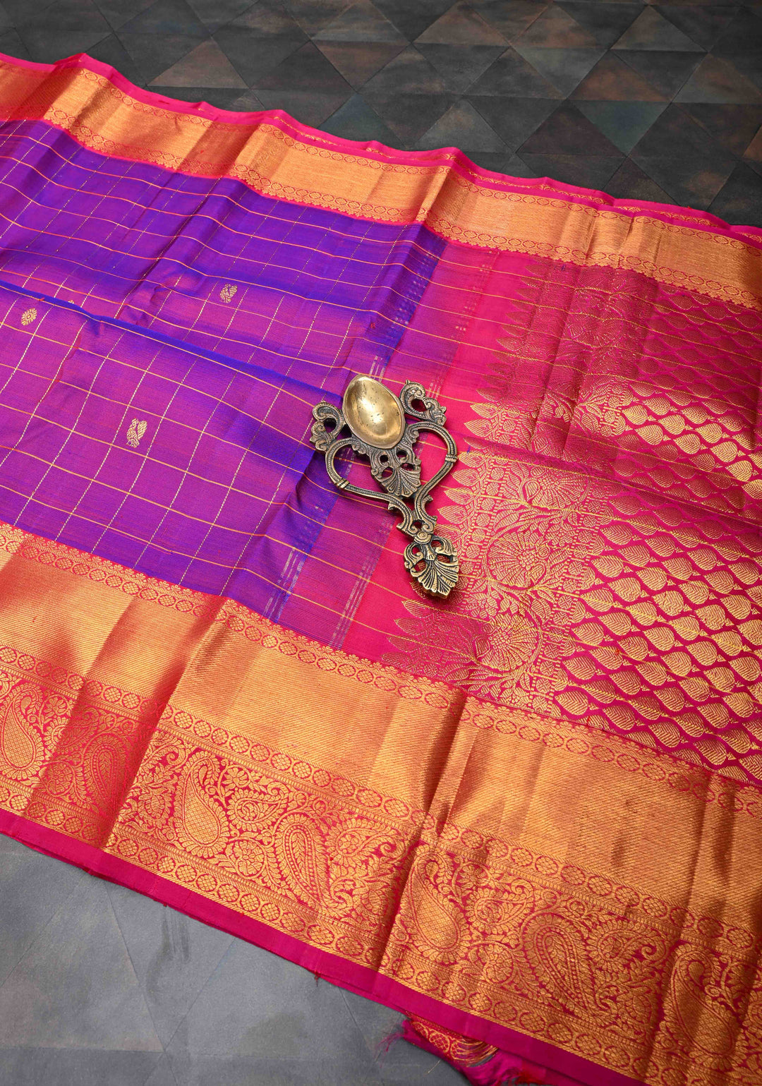 Purple Dual tone Zari Checks Kanjivaram Silk Saree with Zari Buttis and Contrast Zari Border | SILK MARK CERTIFIED