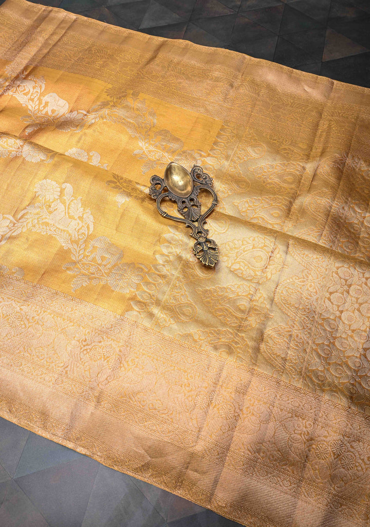 Golden Kanjivaram Tissue Silk Saree with Vanasingaram Leheria Pattern and Zari Border | SILK MARK CERTIFIED