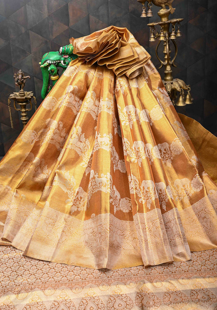 Golden Kanjivaram Tissue Silk Saree with Vanasingaram Leheria Pattern and Zari Border | SILK MARK CERTIFIED