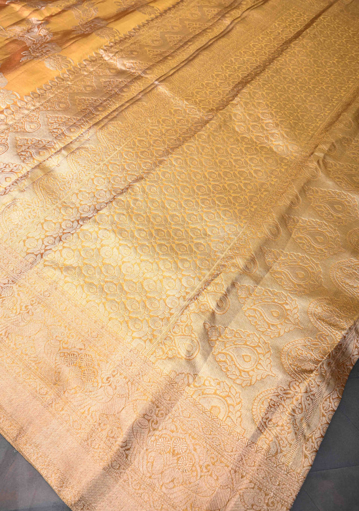 Golden Kanjivaram Tissue Silk Saree with Vanasingaram Leheria Pattern and Zari Border | SILK MARK CERTIFIED