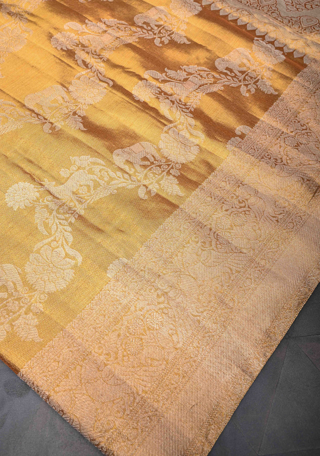 Golden Kanjivaram Tissue Silk Saree with Vanasingaram Leheria Pattern and Zari Border | SILK MARK CERTIFIED