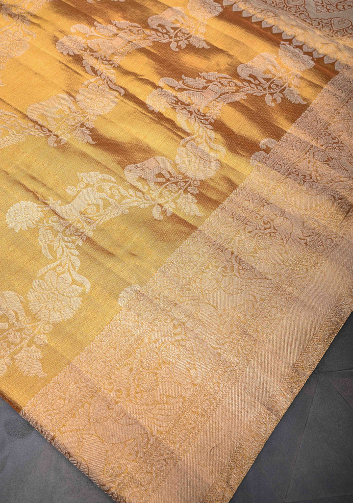 Golden Kanjivaram Tissue Silk Saree with Vanasingaram Leheria Pattern and Zari Border | SILK MARK CERTIFIED
