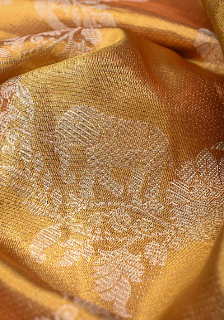 Golden Kanjivaram Tissue Silk Saree with Vanasingaram Leheria Pattern and Zari Border | SILK MARK CERTIFIED