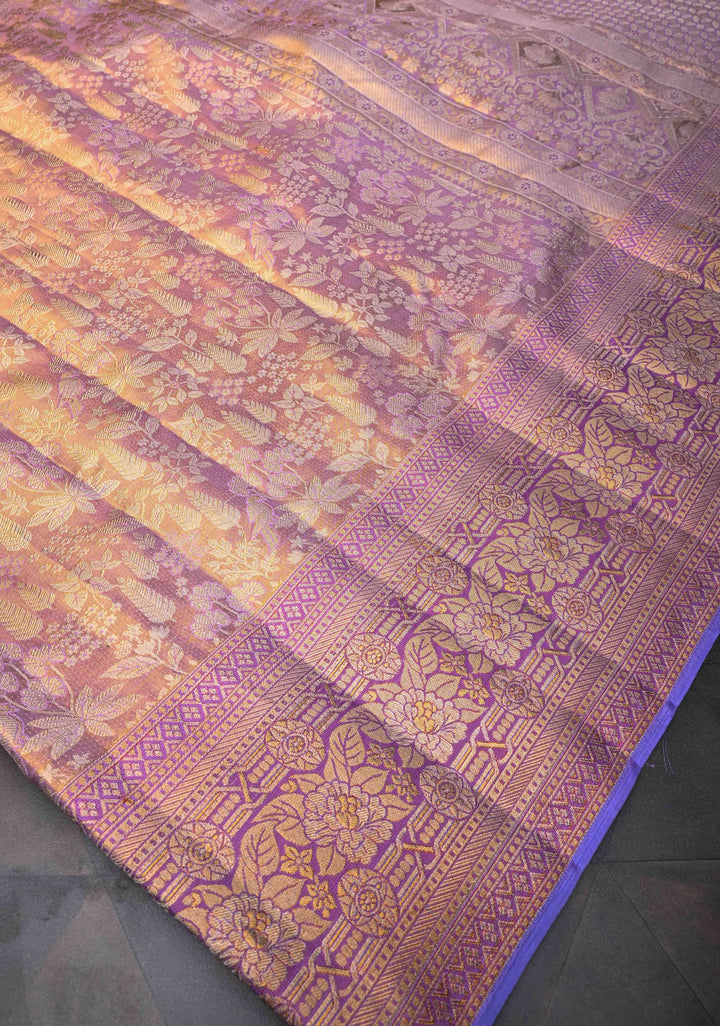 Lavender Kanjivaram Tissue Silk Saree with Meenakari Floral Brocade and Zari Border | SILK MARK CERTIFIED