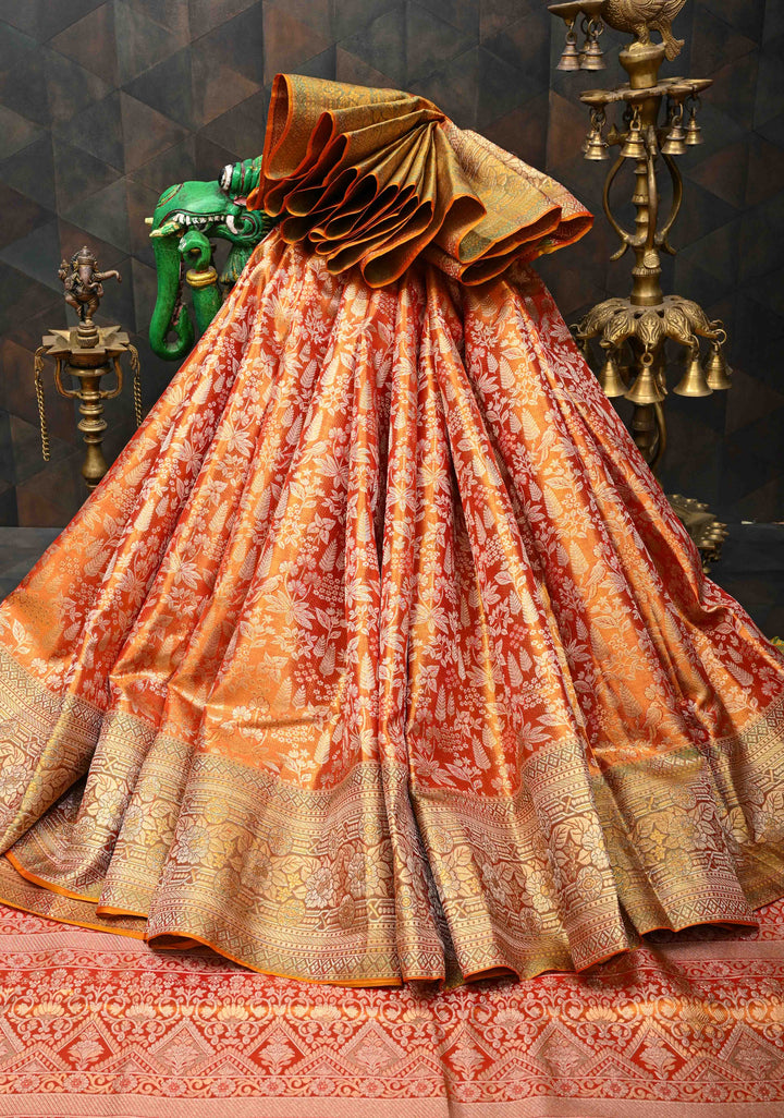 Orange Dual tone Kanjivaram Tissue Silk Saree with Meenakari Floral Brocade and Zari Border | SILK MARK CERTIFIED