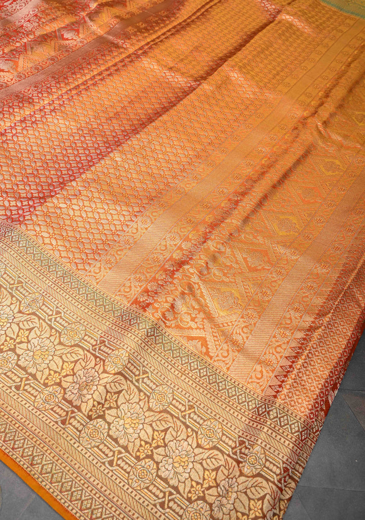 Orange Dual tone Kanjivaram Tissue Silk Saree with Meenakari Floral Brocade and Zari Border | SILK MARK CERTIFIED