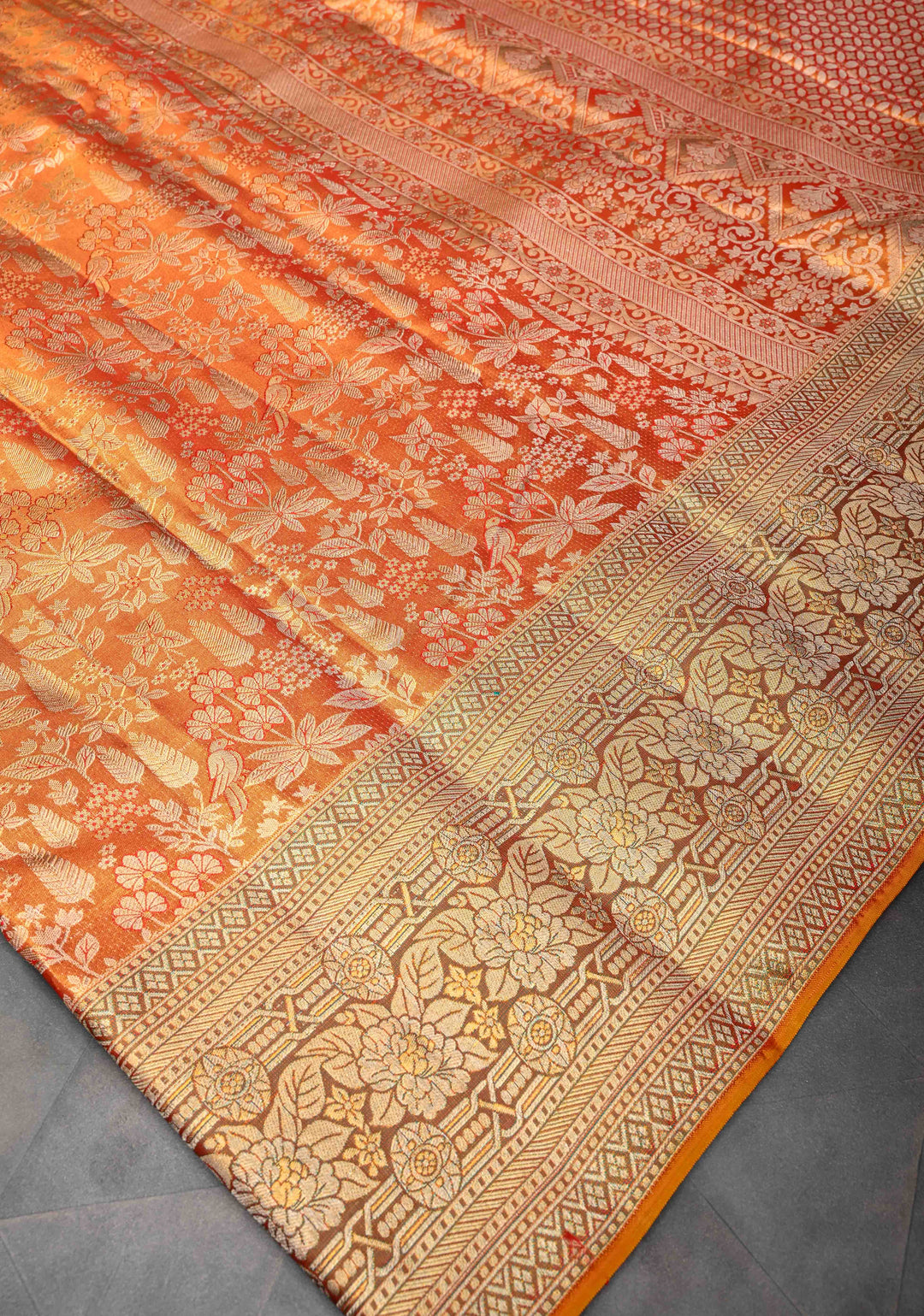 Orange Dual tone Kanjivaram Tissue Silk Saree with Meenakari Floral Brocade and Zari Border | SILK MARK CERTIFIED