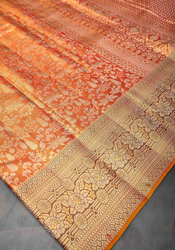 Orange Dual tone Kanjivaram Tissue Silk Saree with Meenakari Floral Brocade and Zari Border | SILK MARK CERTIFIED