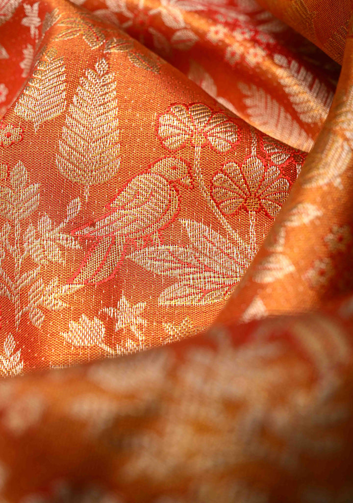 Orange Dual tone Kanjivaram Tissue Silk Saree with Meenakari Floral Brocade and Zari Border | SILK MARK CERTIFIED
