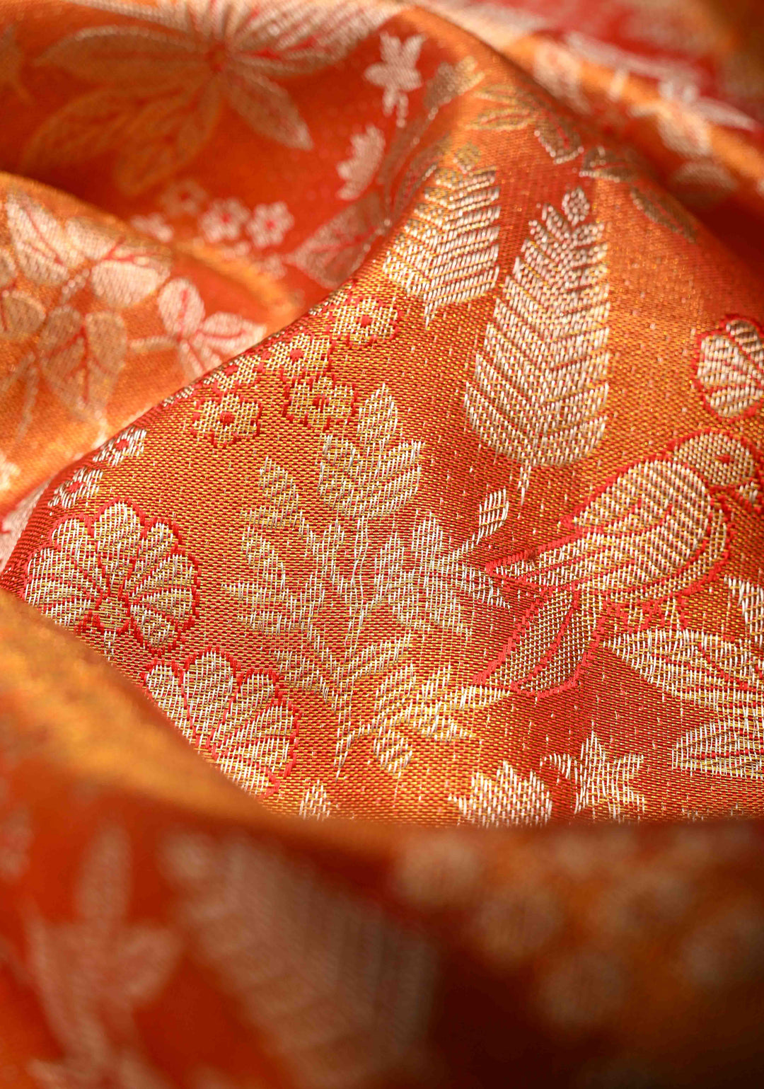 Orange Dual tone Kanjivaram Tissue Silk Saree with Meenakari Floral Brocade and Zari Border | SILK MARK CERTIFIED