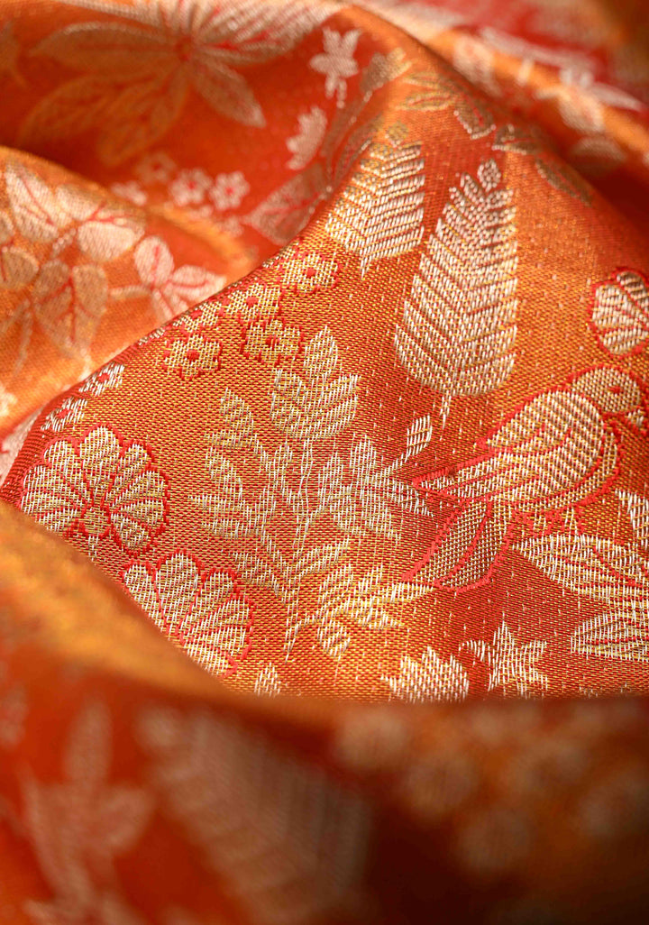 Orange Dual tone Kanjivaram Tissue Silk Saree with Meenakari Floral Brocade and Zari Border | SILK MARK CERTIFIED