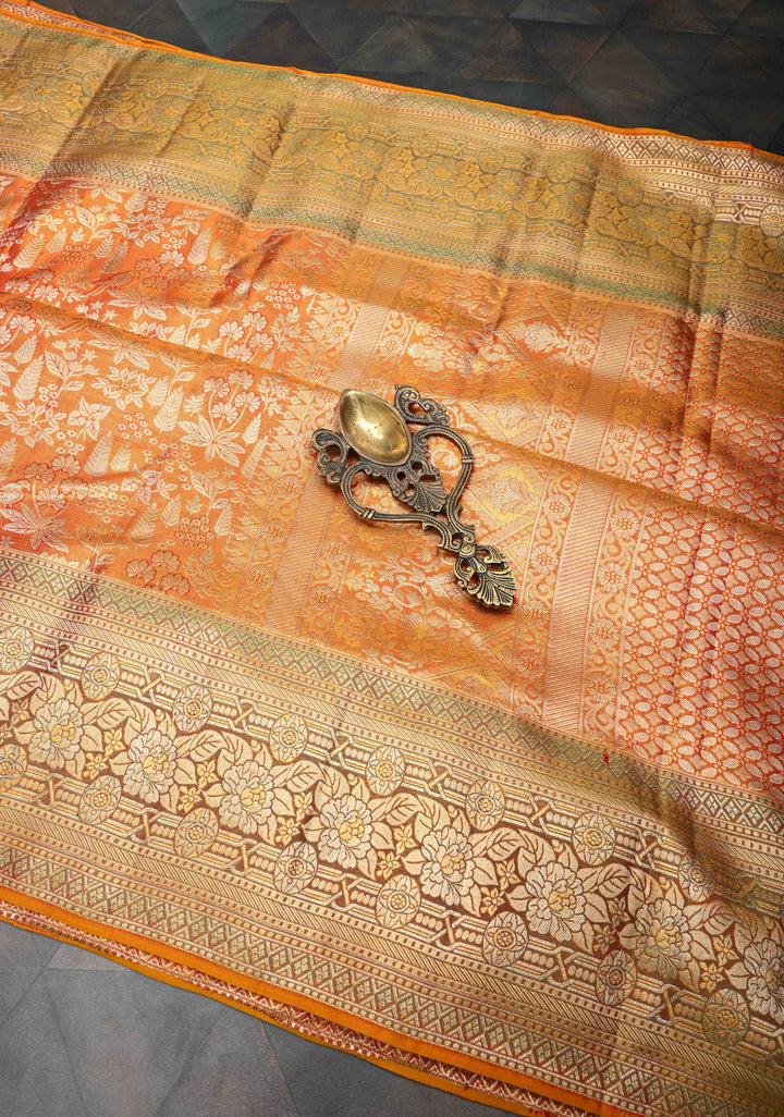Orange Dual tone Kanjivaram Tissue Silk Saree with Meenakari Floral Brocade and Zari Border | SILK MARK CERTIFIED
