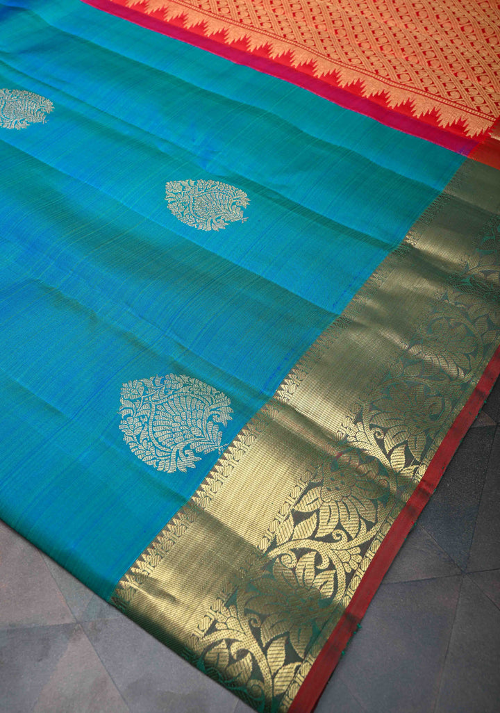 Peacock Blue Dual tone Kanjivaram Pure Silk Saree with Damask Motifs and Zari Border | SILK MARK CERTIFIED
