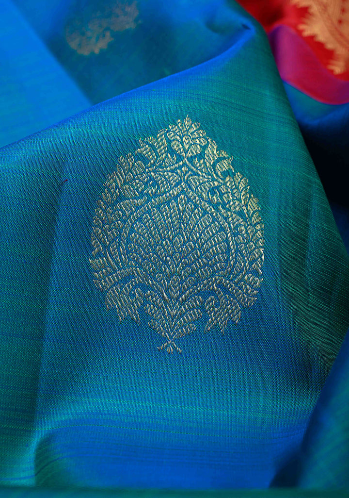 Peacock Blue Dual tone Kanjivaram Pure Silk Saree with Damask Motifs and Zari Border | SILK MARK CERTIFIED