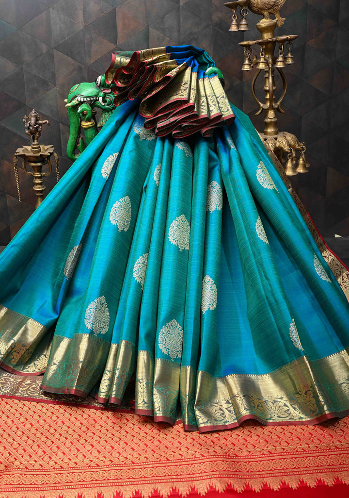 Peacock Blue Dual tone Kanjivaram Pure Silk Saree with Damask Motifs and Zari Border | SILK MARK CERTIFIED