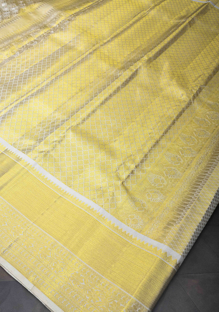 Ivory Kanjivaram Tissue Silk Saree with Resham Floral Brocade and Zari Border | SILK MARK CERTIFIED