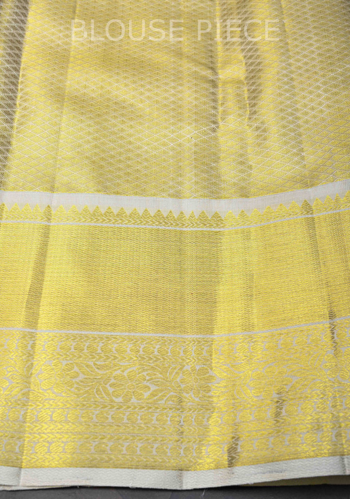 Ivory Kanjivaram Tissue Silk Saree with Resham Floral Brocade and Zari Border | SILK MARK CERTIFIED