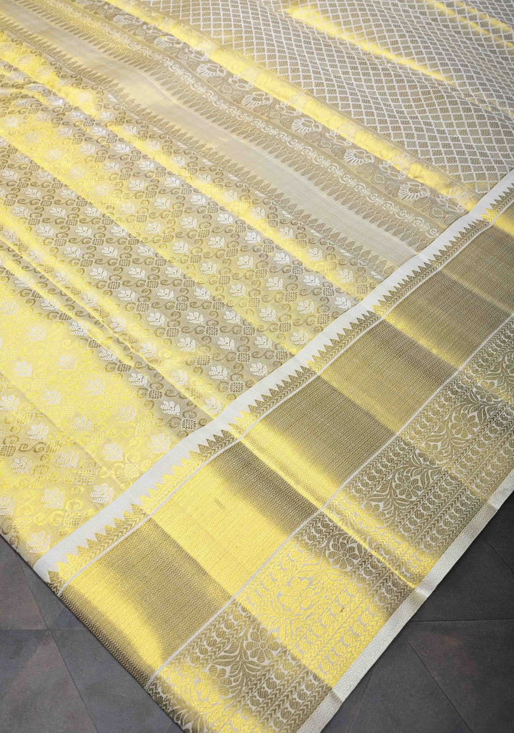 Ivory Kanjivaram Tissue Silk Saree with Resham Floral Brocade and Zari Border | SILK MARK CERTIFIED