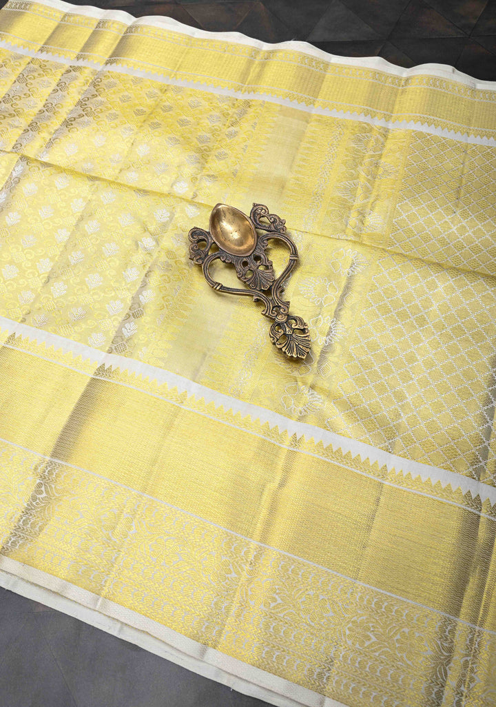 Ivory Kanjivaram Tissue Silk Saree with Resham Floral Brocade and Zari Border | SILK MARK CERTIFIED