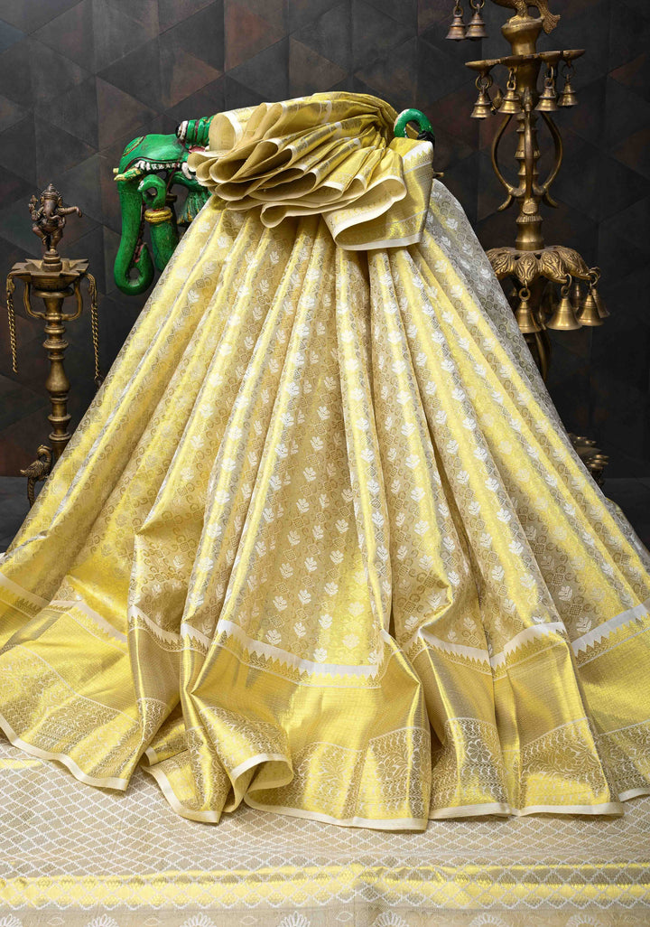 Ivory Kanjivaram Tissue Silk Saree with Resham Floral Brocade and Zari Border | SILK MARK CERTIFIED