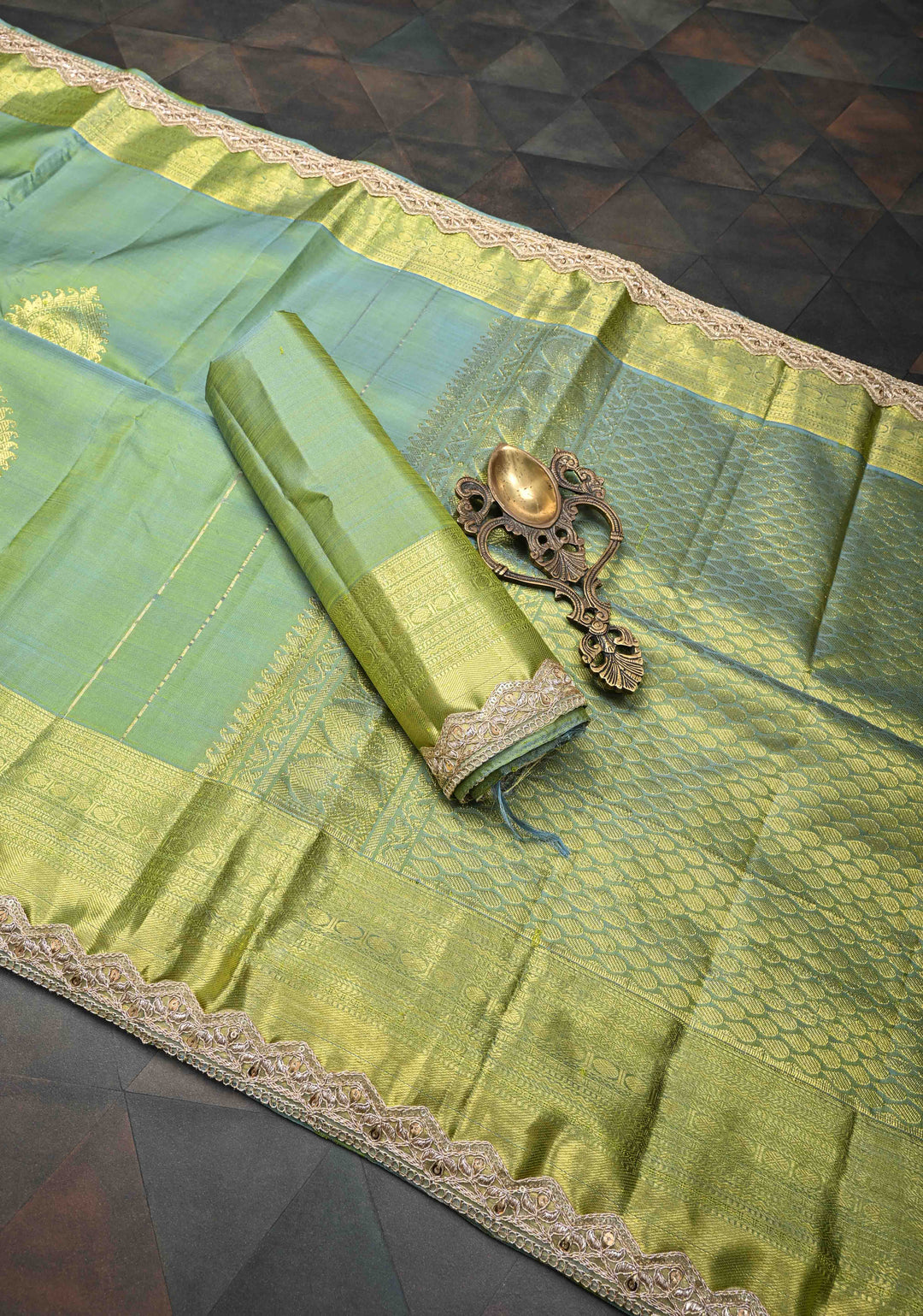 Greenish Gray Kanjivaram Silk Saree with Zari Buttas and Lace Zari Border | SILK MARK CERTIFIED