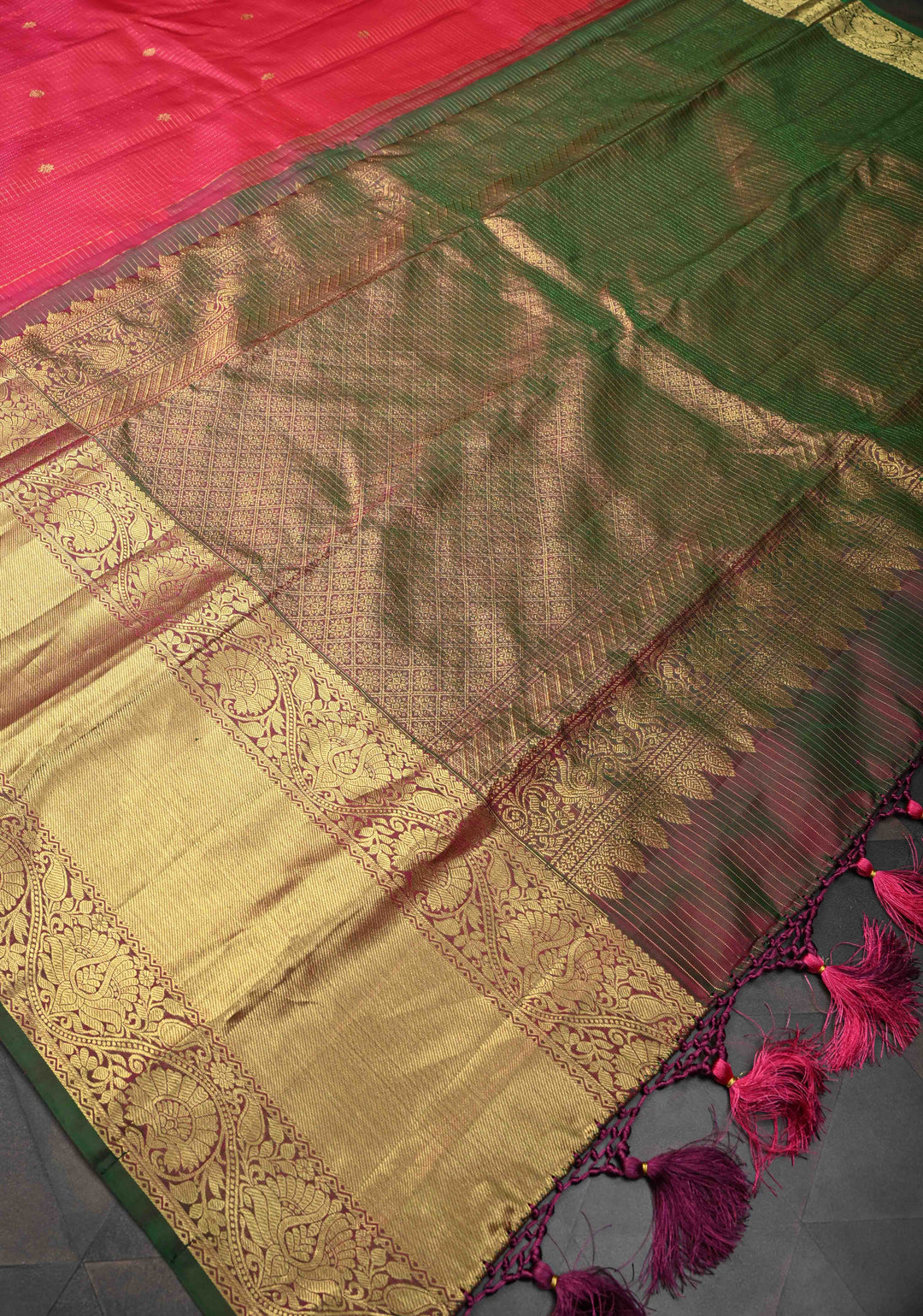 Pinkish Red Podi-Kattam Zari Checks Kanjivaram Silk Saree with Zari Buttis and Contrast Wide Zari Border | SILK MARK CERTIFIED