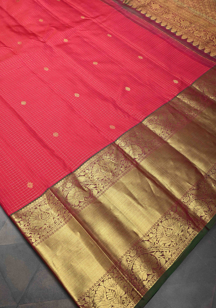 Pinkish Red Podi-Kattam Zari Checks Kanjivaram Silk Saree with Zari Buttis and Contrast Wide Zari Border | SILK MARK CERTIFIED