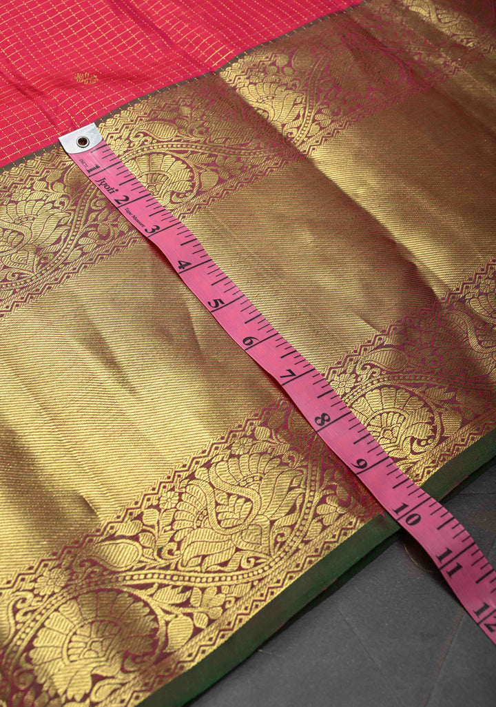 Pinkish Red Podi-Kattam Zari Checks Kanjivaram Silk Saree with Zari Buttis and Contrast Wide Zari Border | SILK MARK CERTIFIED