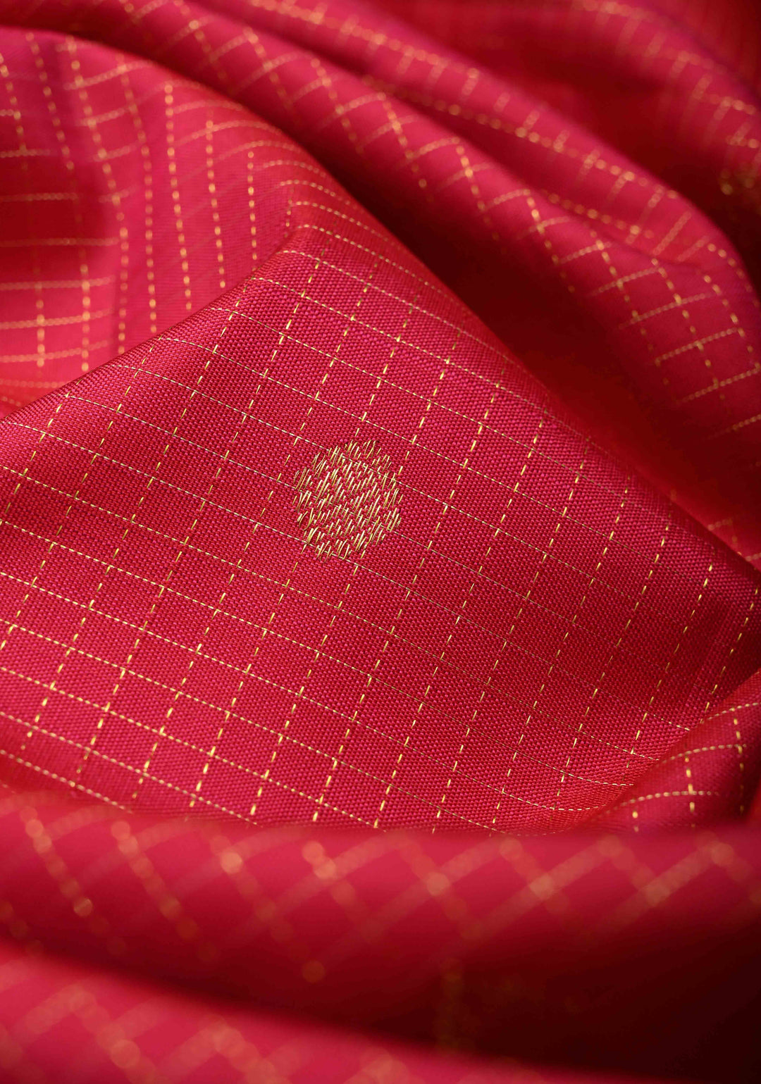 Pinkish Red Podi-Kattam Zari Checks Kanjivaram Silk Saree with Zari Buttis and Contrast Wide Zari Border | SILK MARK CERTIFIED