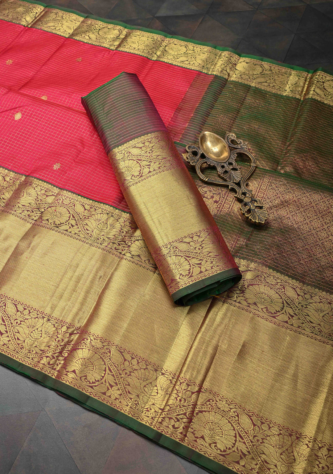 Pinkish Red Podi-Kattam Zari Checks Kanjivaram Silk Saree with Zari Buttis and Contrast Wide Zari Border | SILK MARK CERTIFIED