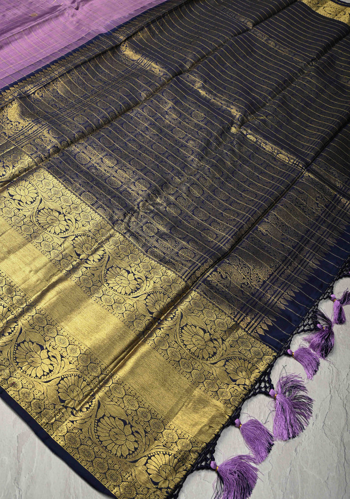 Dusty Purple Zari Checks on Kanjivaram Silk Saree with Zari Buttas and Wide Zari Border | SILK MARK CERTIFIED