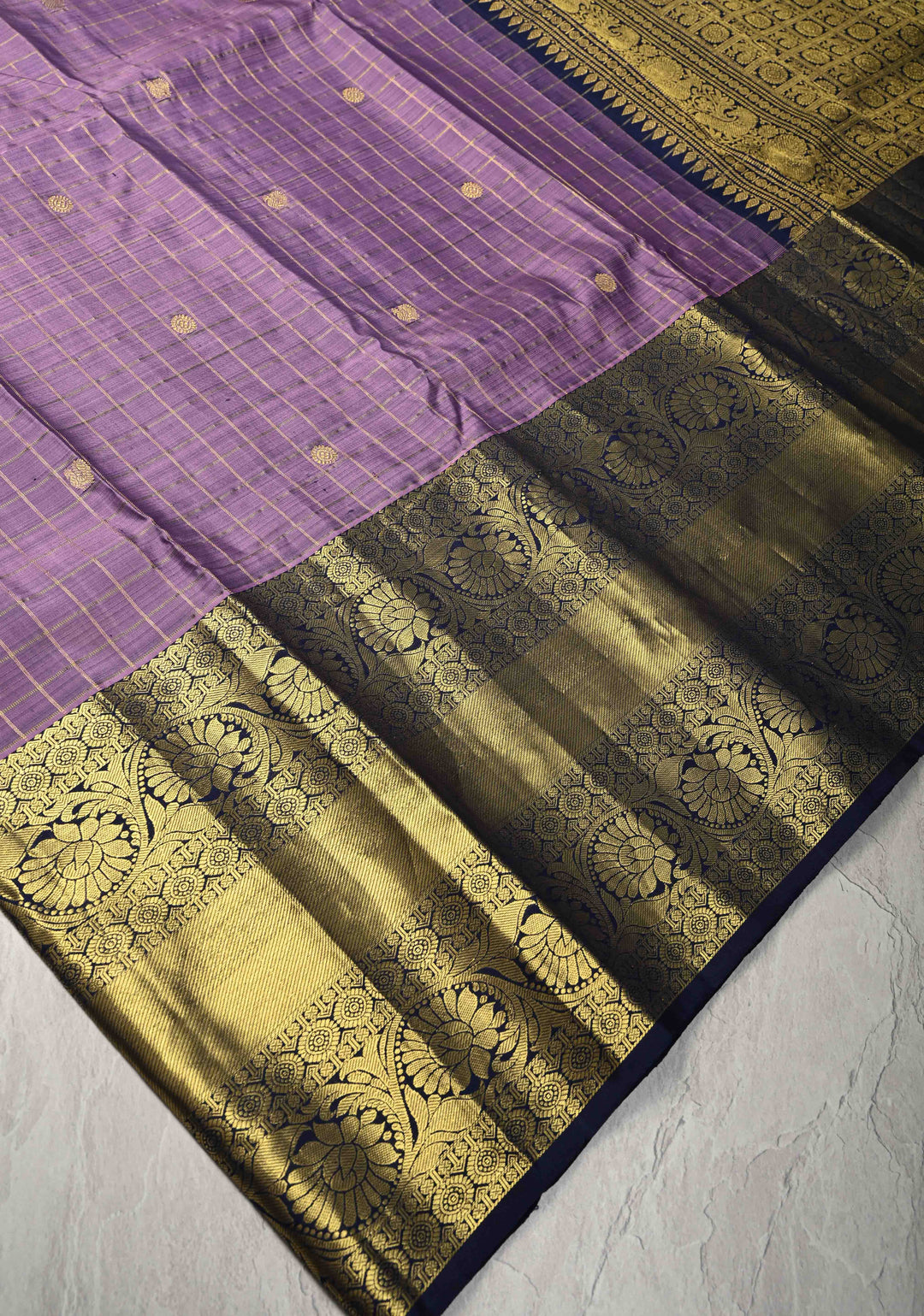 Dusty Purple Zari Checks on Kanjivaram Silk Saree with Zari Buttas and Wide Zari Border | SILK MARK CERTIFIED