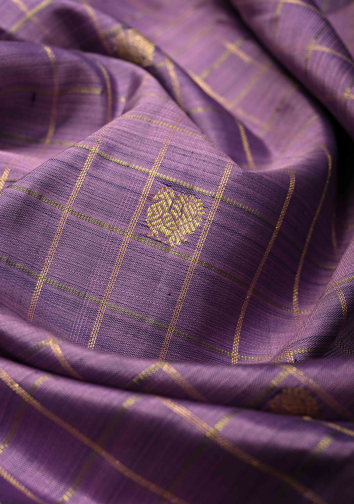 Dusty Purple Zari Checks on Kanjivaram Silk Saree with Zari Buttas and Wide Zari Border | SILK MARK CERTIFIED