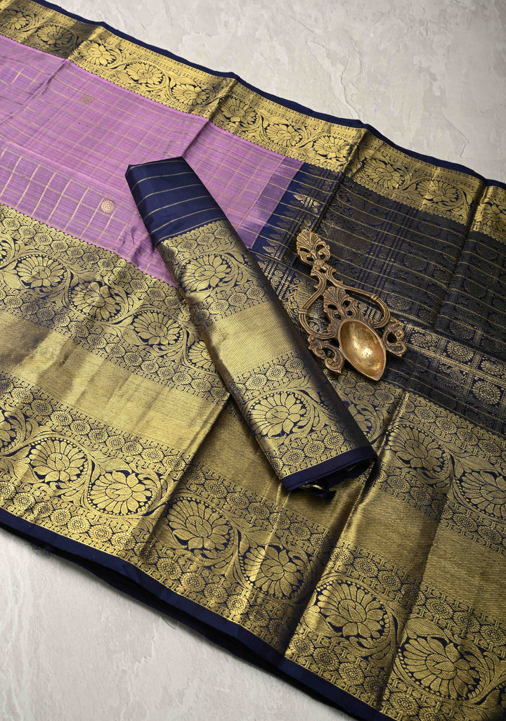 Dusty Purple Zari Checks on Kanjivaram Silk Saree with Zari Buttas and Wide Zari Border | SILK MARK CERTIFIED