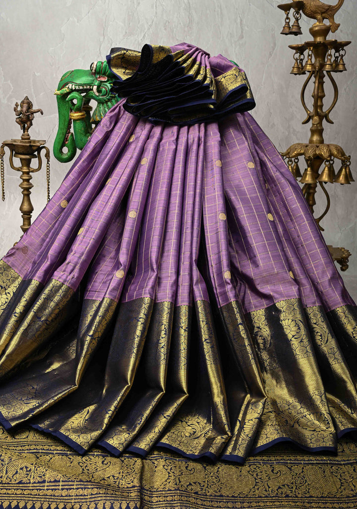 Dusty Purple Zari Checks on Kanjivaram Silk Saree with Zari Buttas and Wide Zari Border | SILK MARK CERTIFIED