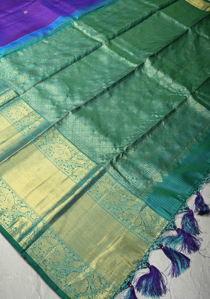 Purple Podi-Kattam Zari Checks on Kanjivaram Silk Saree with Zari Buttas and Contrast Zari Border | SILK MARK CERTIFIED