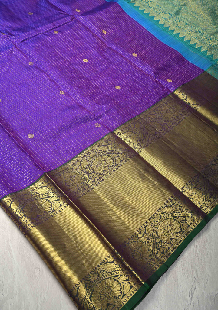 Purple Podi-Kattam Zari Checks on Kanjivaram Silk Saree with Zari Buttas and Contrast Zari Border | SILK MARK CERTIFIED