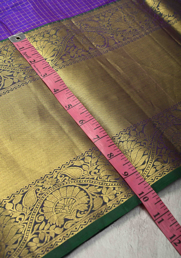 Purple Podi-Kattam Zari Checks on Kanjivaram Silk Saree with Zari Buttas and Contrast Zari Border | SILK MARK CERTIFIED