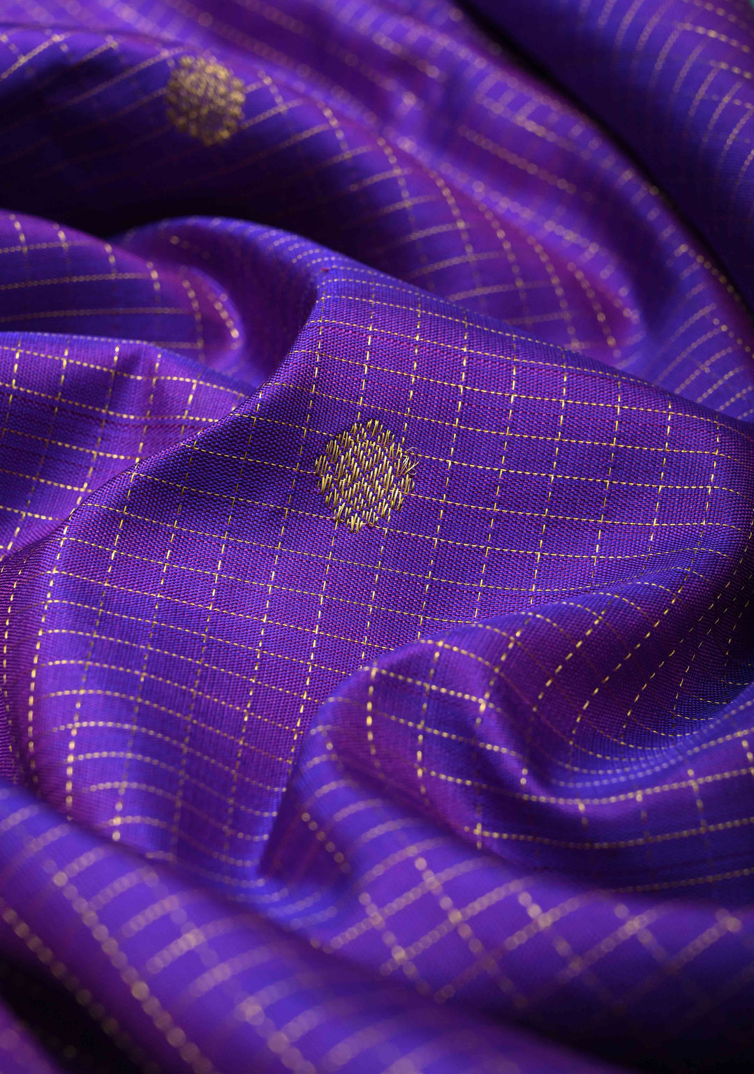 Purple Podi-Kattam Zari Checks on Kanjivaram Silk Saree with Zari Buttas and Contrast Zari Border | SILK MARK CERTIFIED