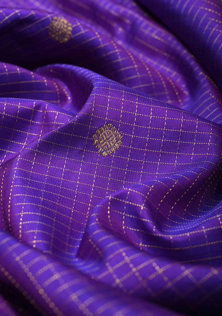 Purple Podi-Kattam Zari Checks on Kanjivaram Silk Saree with Zari Buttas and Contrast Zari Border | SILK MARK CERTIFIED