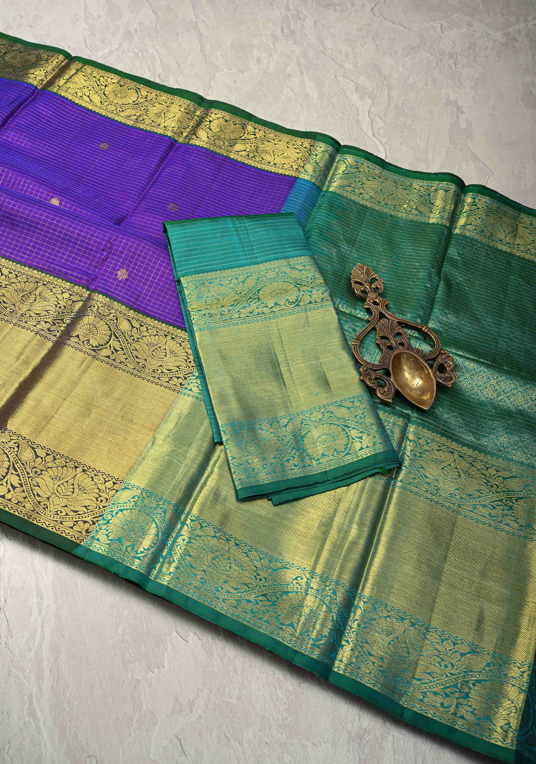 Purple Podi-Kattam Zari Checks on Kanjivaram Silk Saree with Zari Buttas and Contrast Zari Border | SILK MARK CERTIFIED