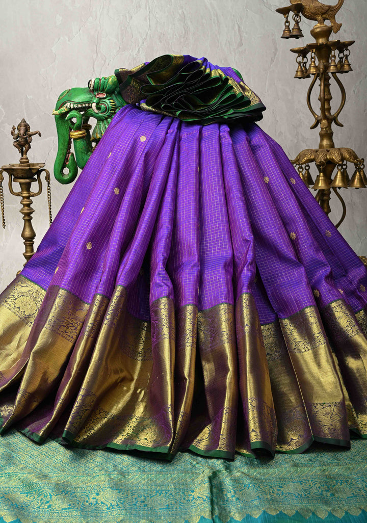 Purple Podi-Kattam Zari Checks on Kanjivaram Silk Saree with Zari Buttas and Contrast Zari Border | SILK MARK CERTIFIED