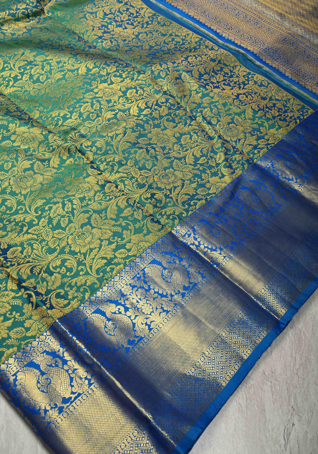 Peacock Green Kanjivaram Pure Silk Saree Floral Brocade Jaal with Contrast Zari Border | SILK MARK CERTIFIED