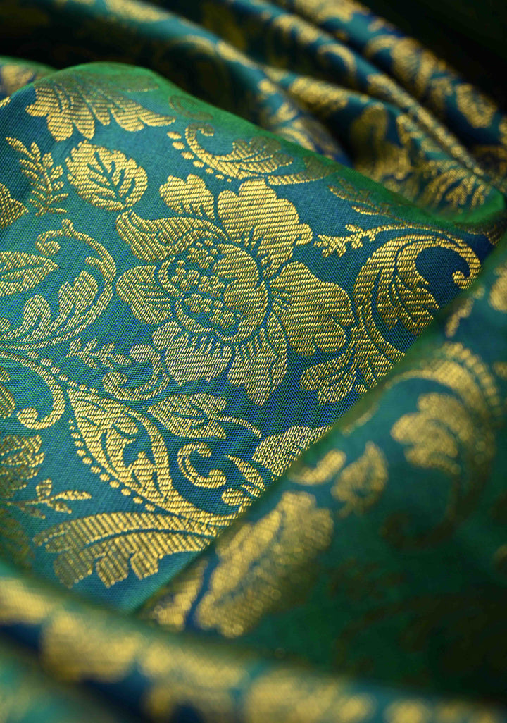 Peacock Green Kanjivaram Pure Silk Saree Floral Brocade Jaal with Contrast Zari Border | SILK MARK CERTIFIED