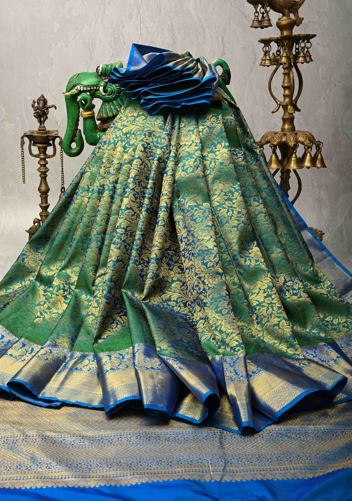 Peacock Green Kanjivaram Pure Silk Saree Floral Brocade Jaal with Contrast Zari Border | SILK MARK CERTIFIED