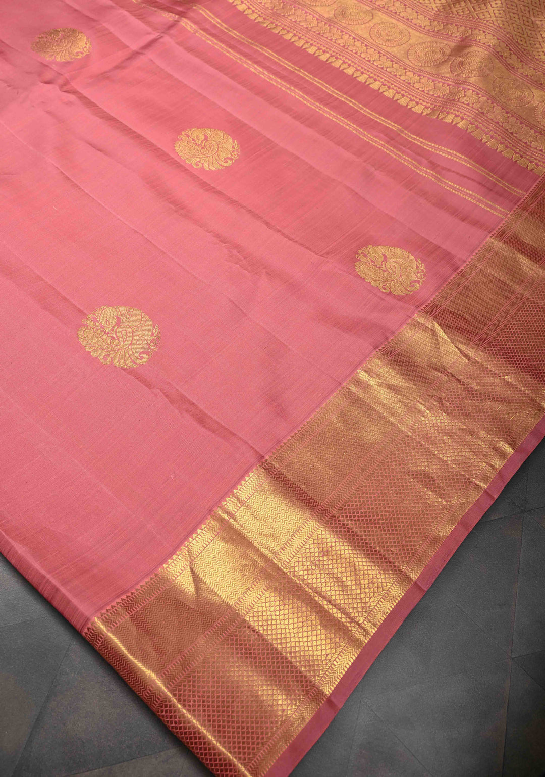 Light Coral Kanjivaram Silk Saree with Peacock Motifs and Contrast Zari Border | SILK MARK CERTIFIED